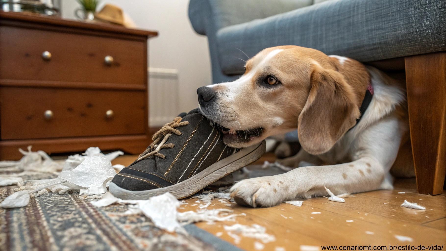 cachorro roendo móveis e sapatos, mostrando comportamento destrutivo