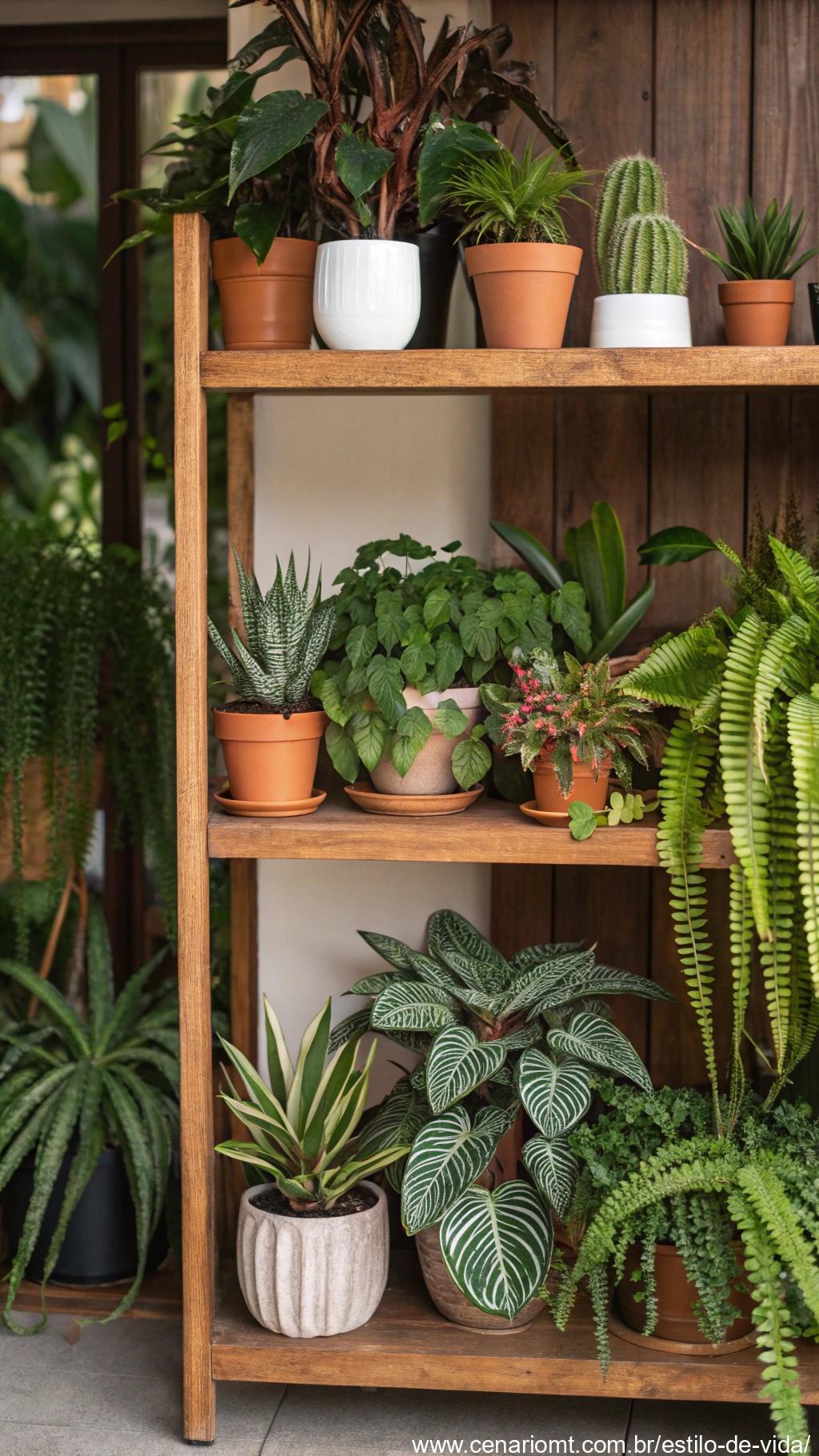 Seleção de diferentes plantas de interior em uma prateleira de madeira.