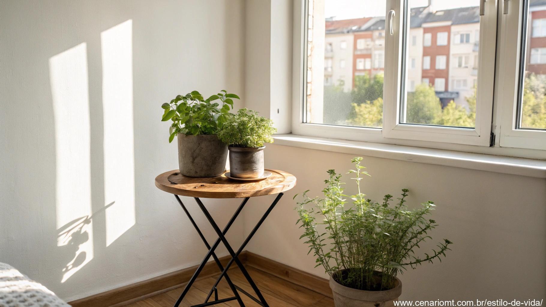 canto iluminado de apartamento com uma mesa pequena e vaso de temperos frescos