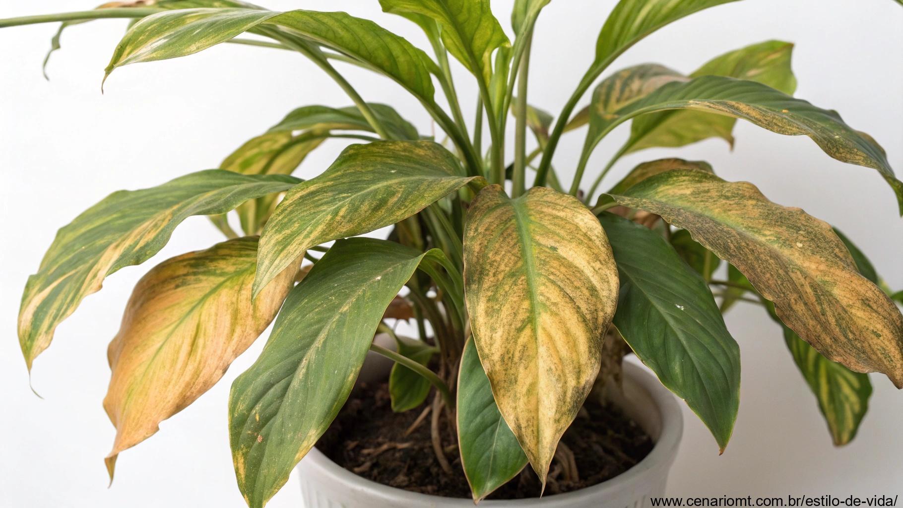 planta de interior com folhas encharcadas, mostrando sinais de amarelamento e murcha