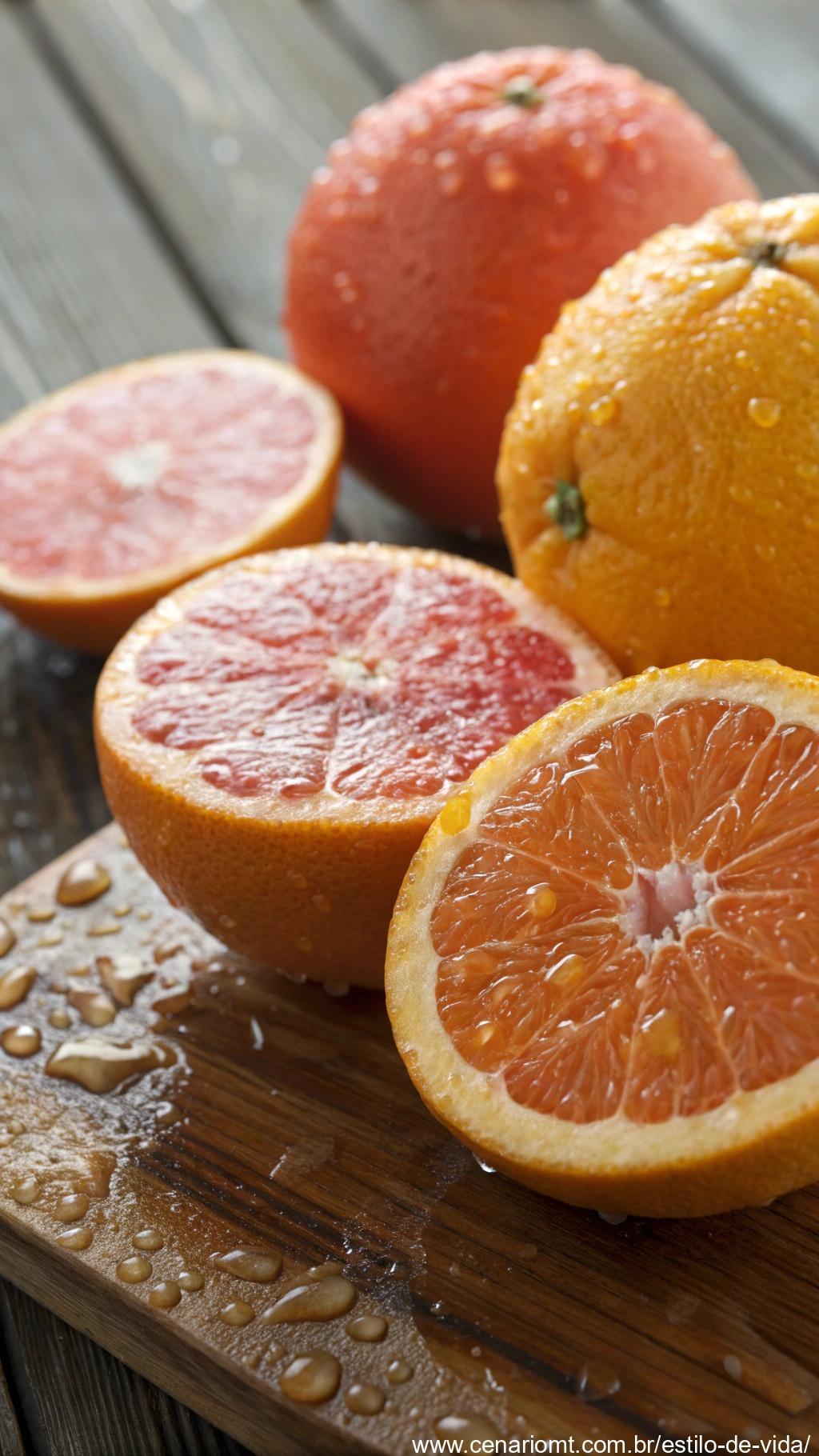 Laranja e toranja em close-up sobre uma mesa de madeira, com gotas de água na casca.