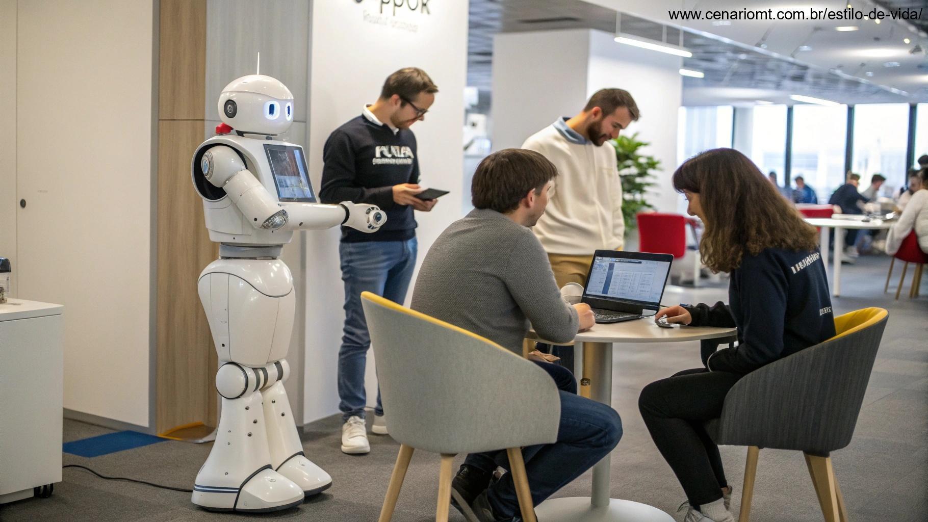 Um robô interagindo com humanos usando inteligência artificial em um espaço de trabalho moderno.