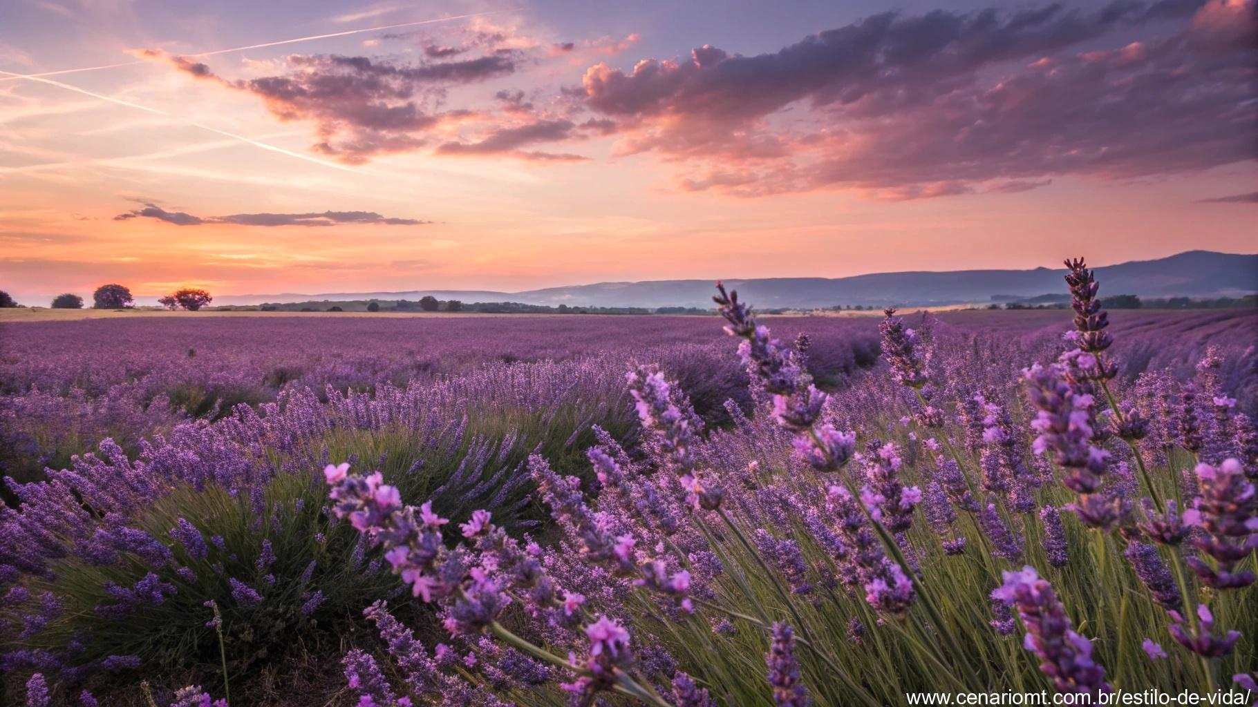 Campo de lavanda sob um céu de pôr do sol suave.
