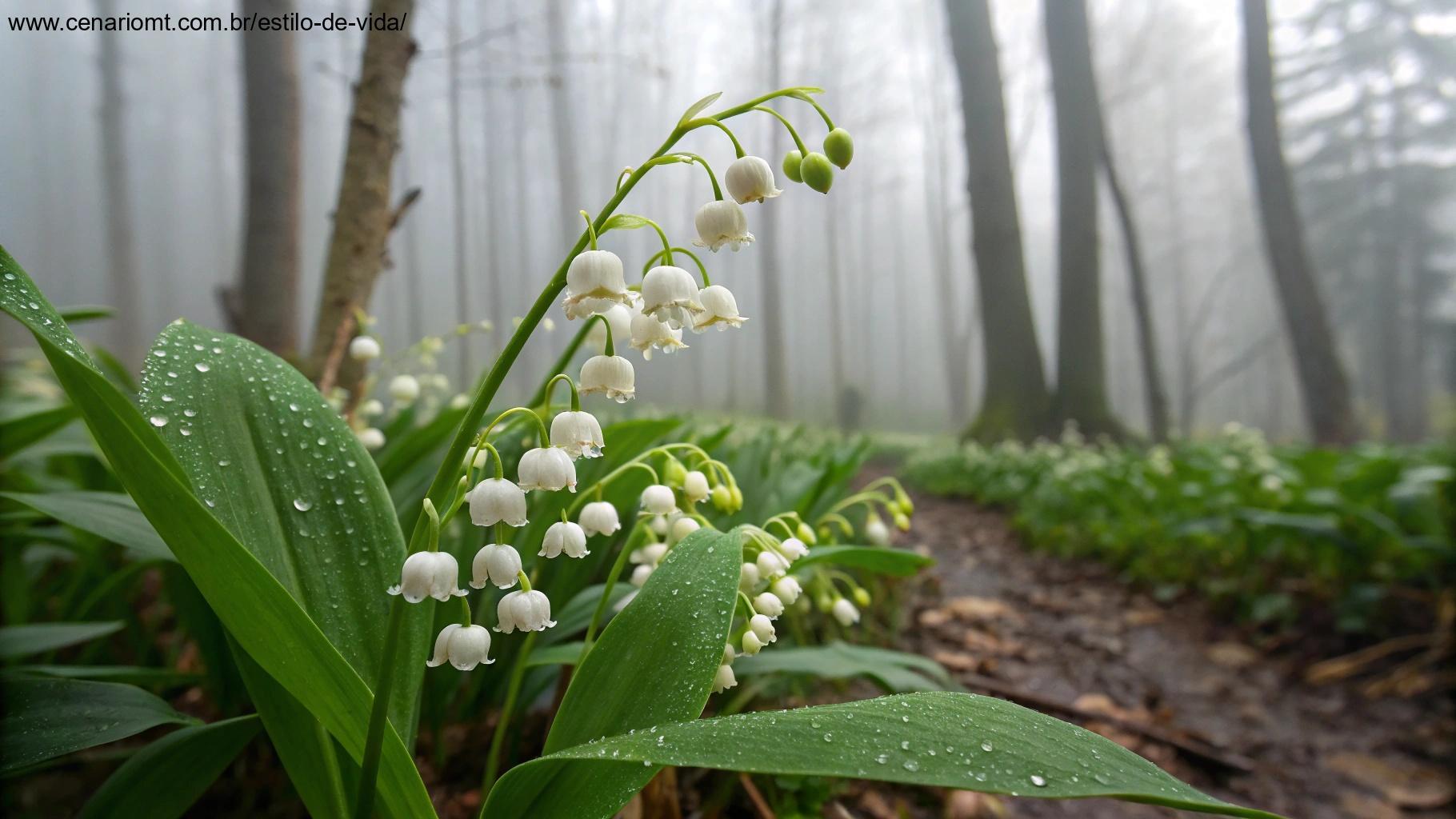 um delicado conjunto de flores de lírio-do-vale (Convallaria majalis) florescendo em uma floresta