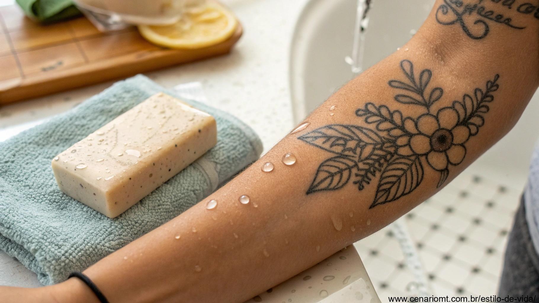 Tatuagem limpa no braço de uma pessoa com gotas de água, sabão e toalha ao fundo