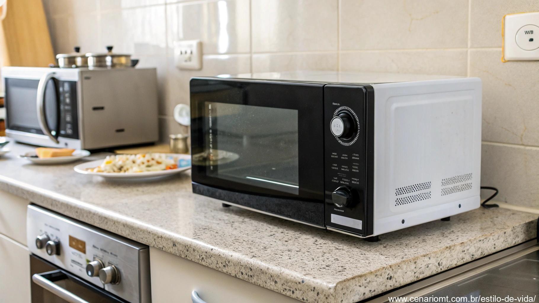 Micro-ondas compacto moderno em uma cozinha pequena.
