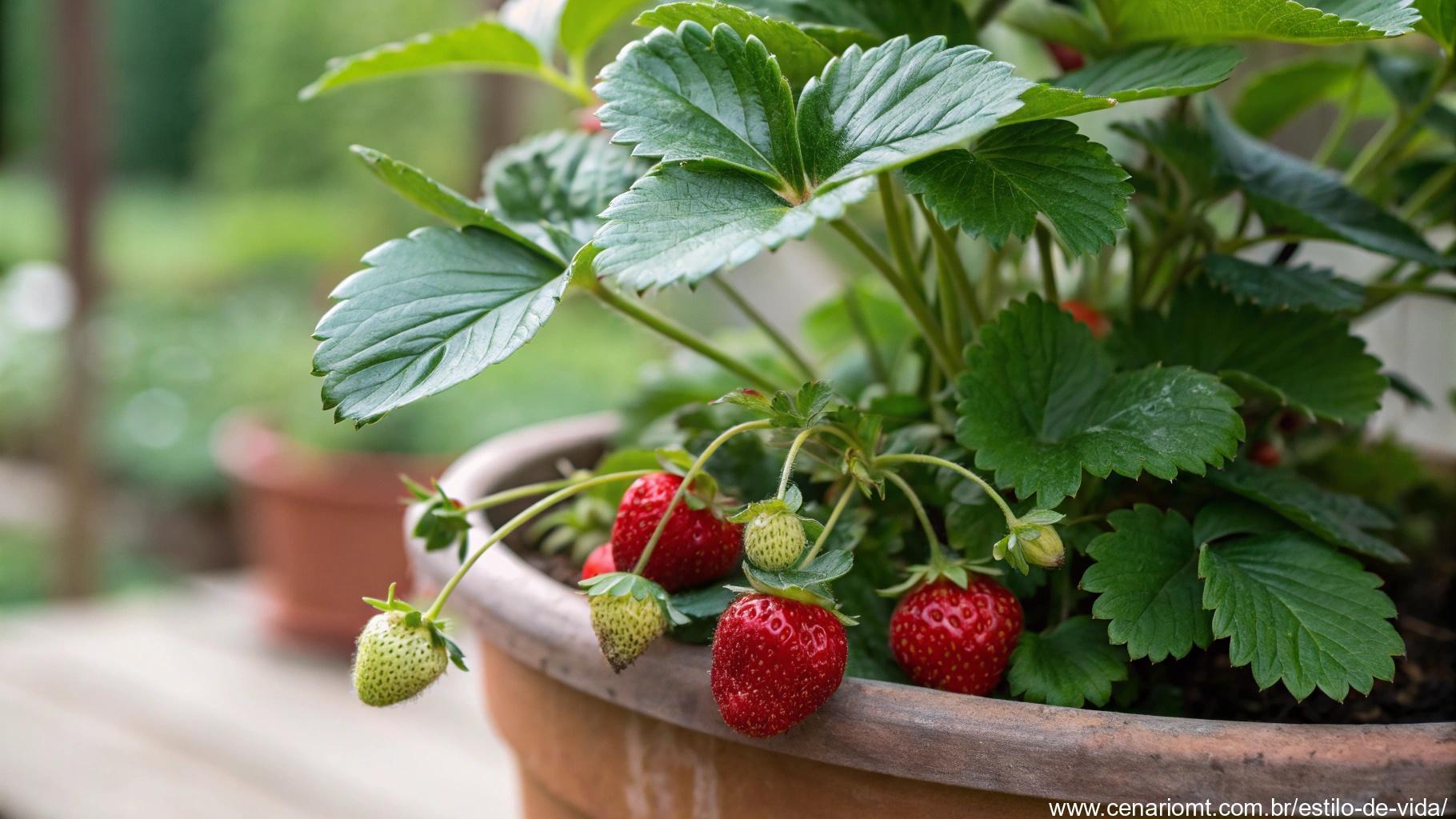 Planta de morango madura em um vaso, com folhas verdes exuberantes e morangos vermelhos prontos para a colheita.