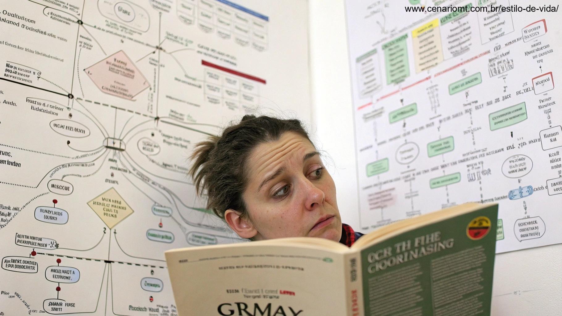 Pessoa lendo um livro de gramática com expressão confusa