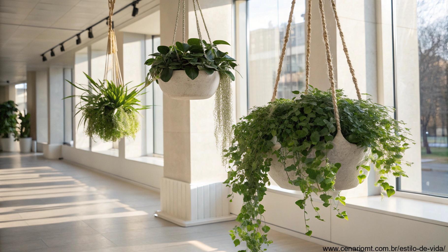 Plantas suspensas em um ambiente moderno com luz natural