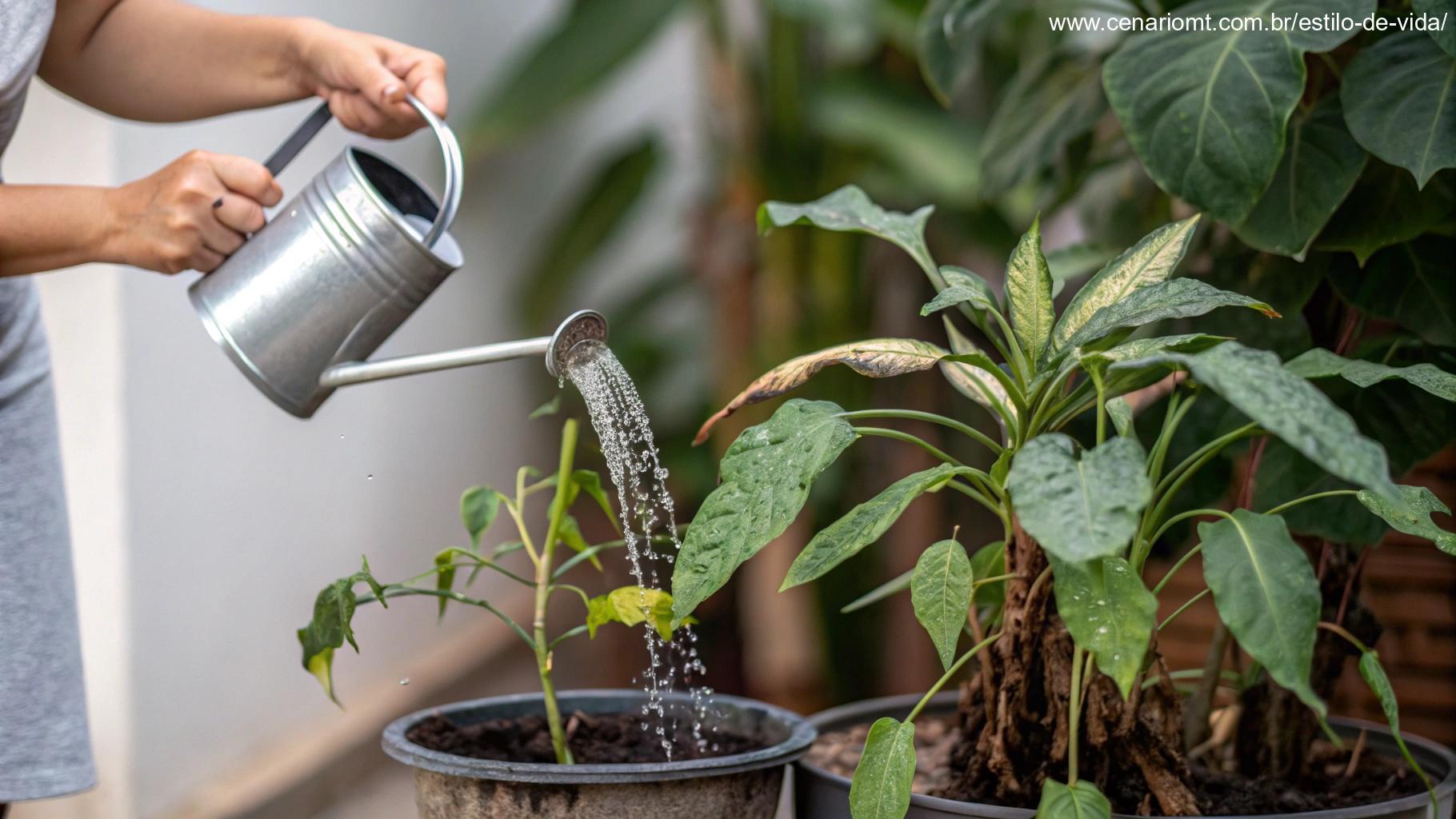 Close-up de uma pessoa regando plantas com um pequeno regador, uma planta visivelmente excessivamente regada e outra com falta de água.
