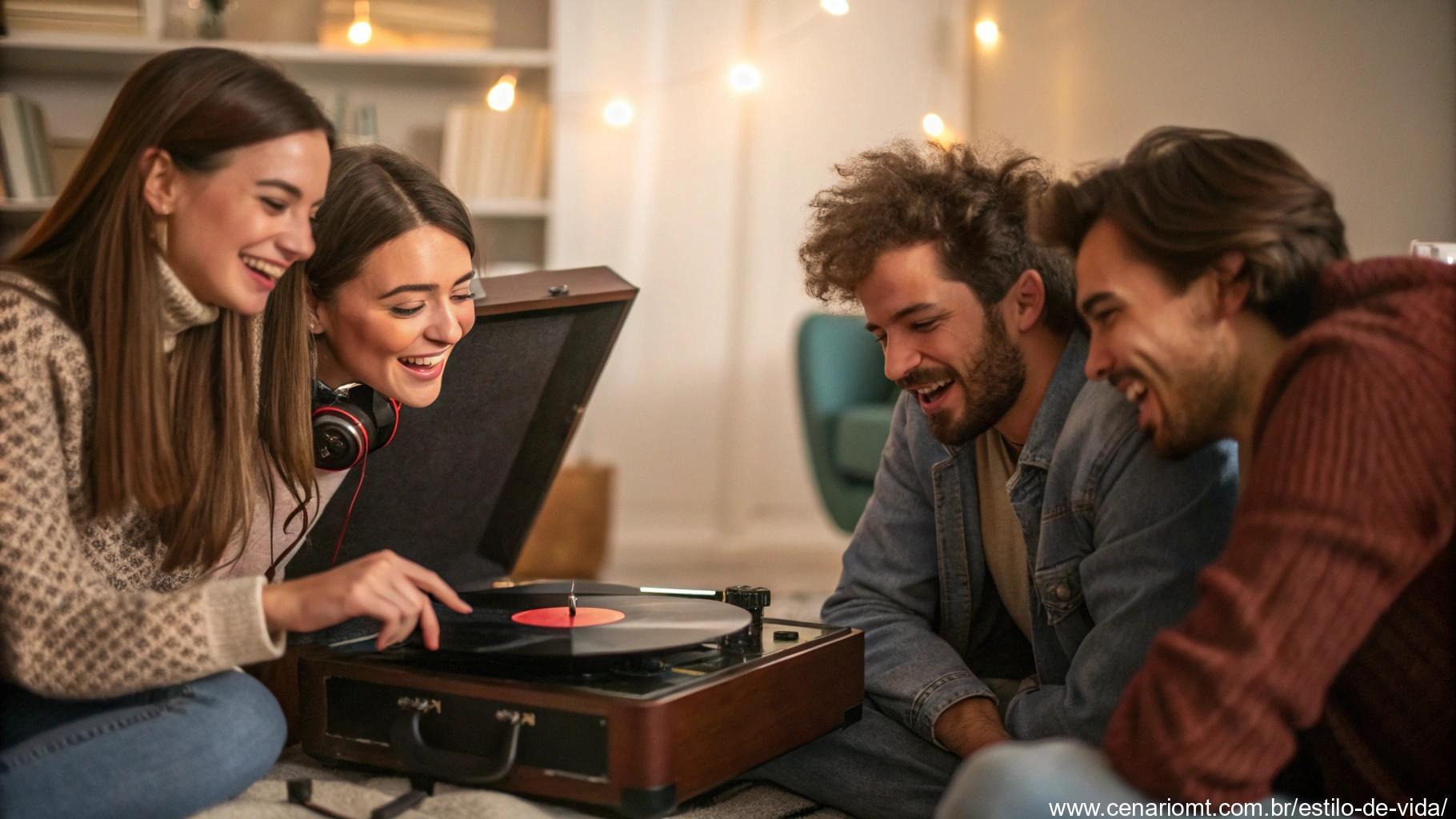 Grupo de amigos relembrando momentos ao som de uma música antiga