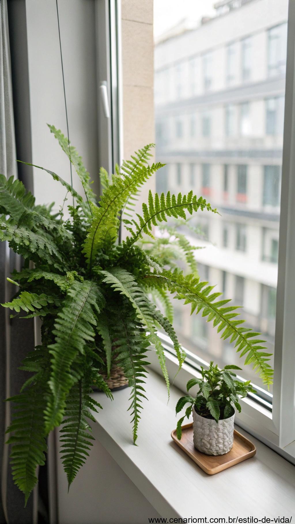 Uma samambaia exuberante com folhas verdes vibrantes, colocada em uma prateleira perto de uma janela em um apartamento moderno.