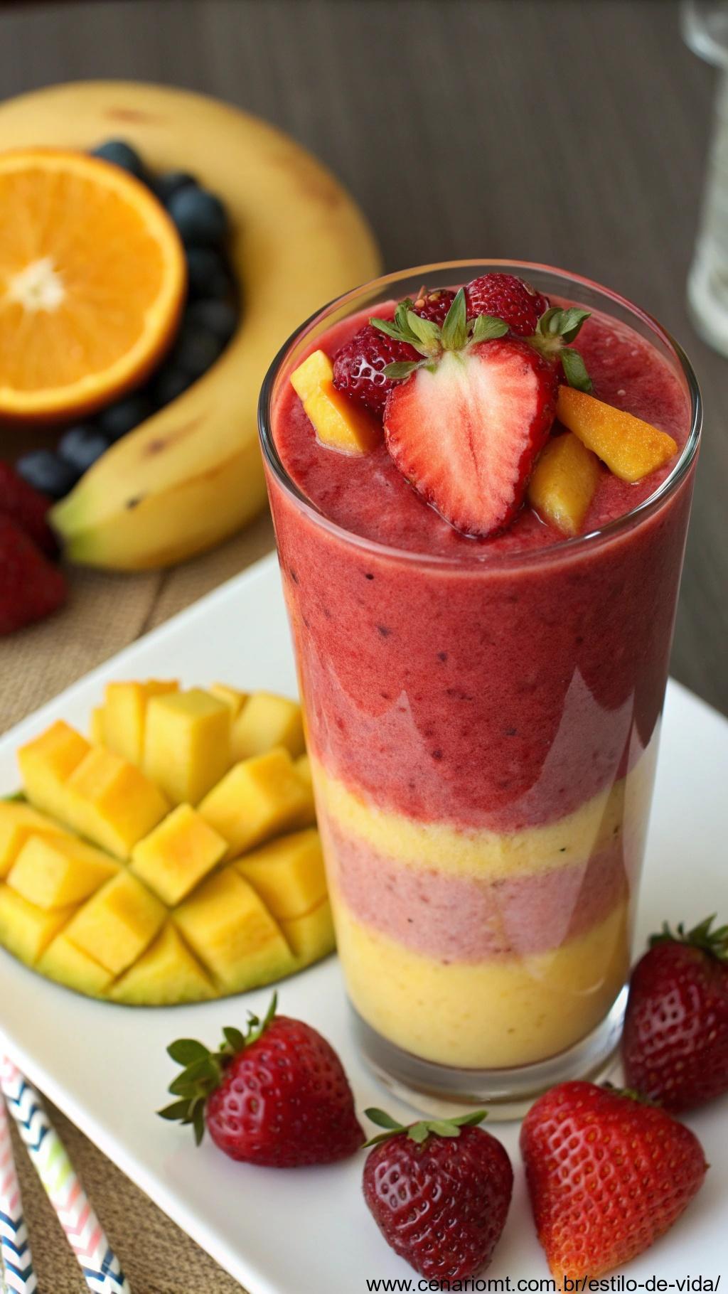 uma variedade de frutas frescas misturadas em um smoothie suave e vibrante com algumas fatias de frutas por cima