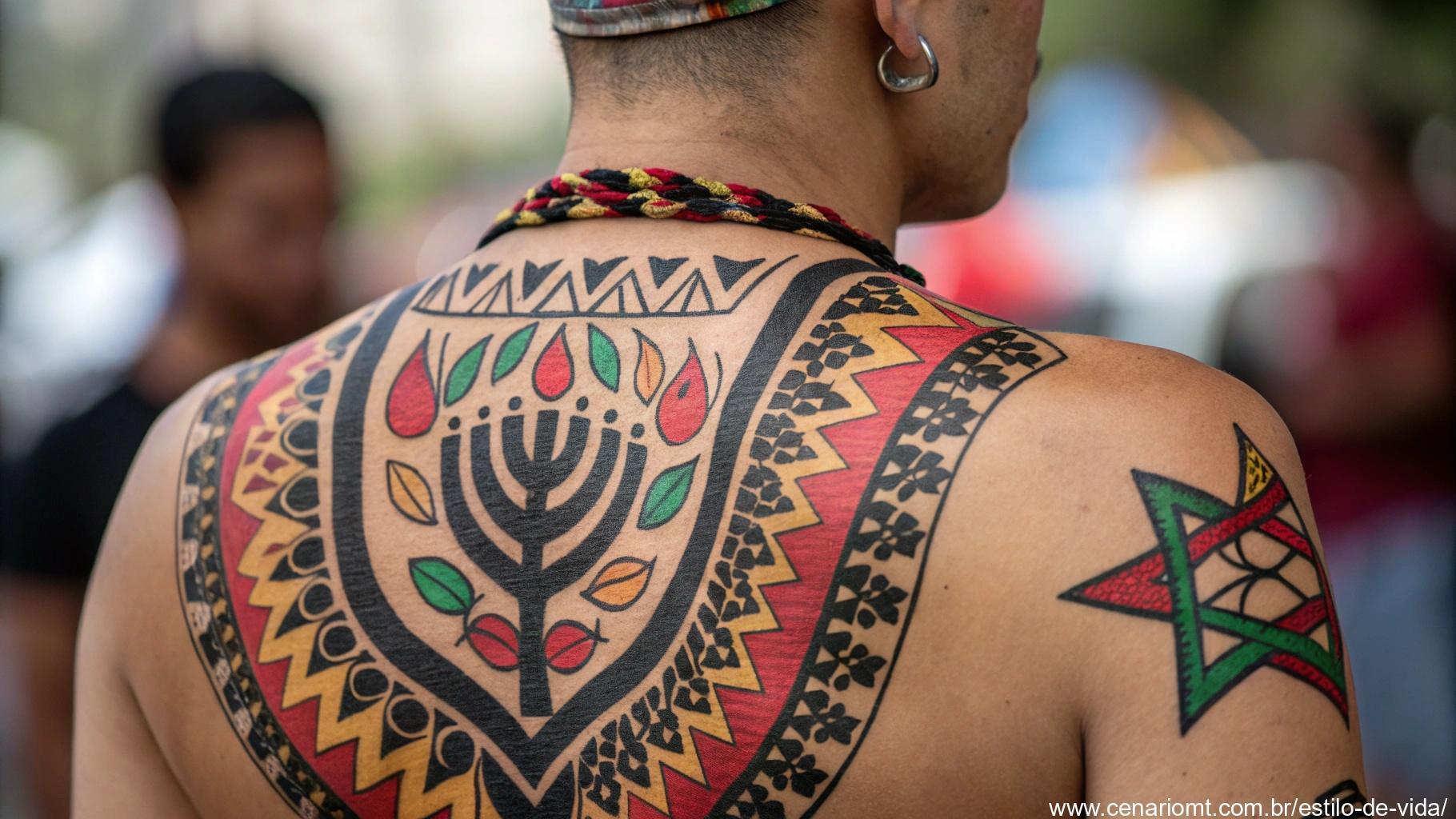 Um close-up de um design de tatuagem tradicional com contornos pretos ousados e cores vibrantes