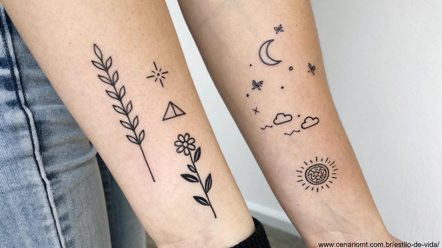 Tatuagens minimalistas com linhas simples e elegantes, com desenhos pequenos como formas, símbolos ou elementos da natureza