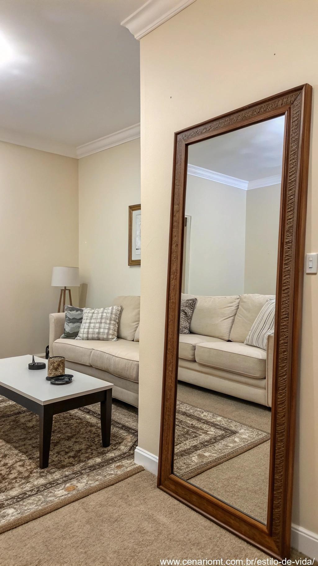 uma sala de estar pequena com paredes claras e um grande espelho que reflete o ambiente