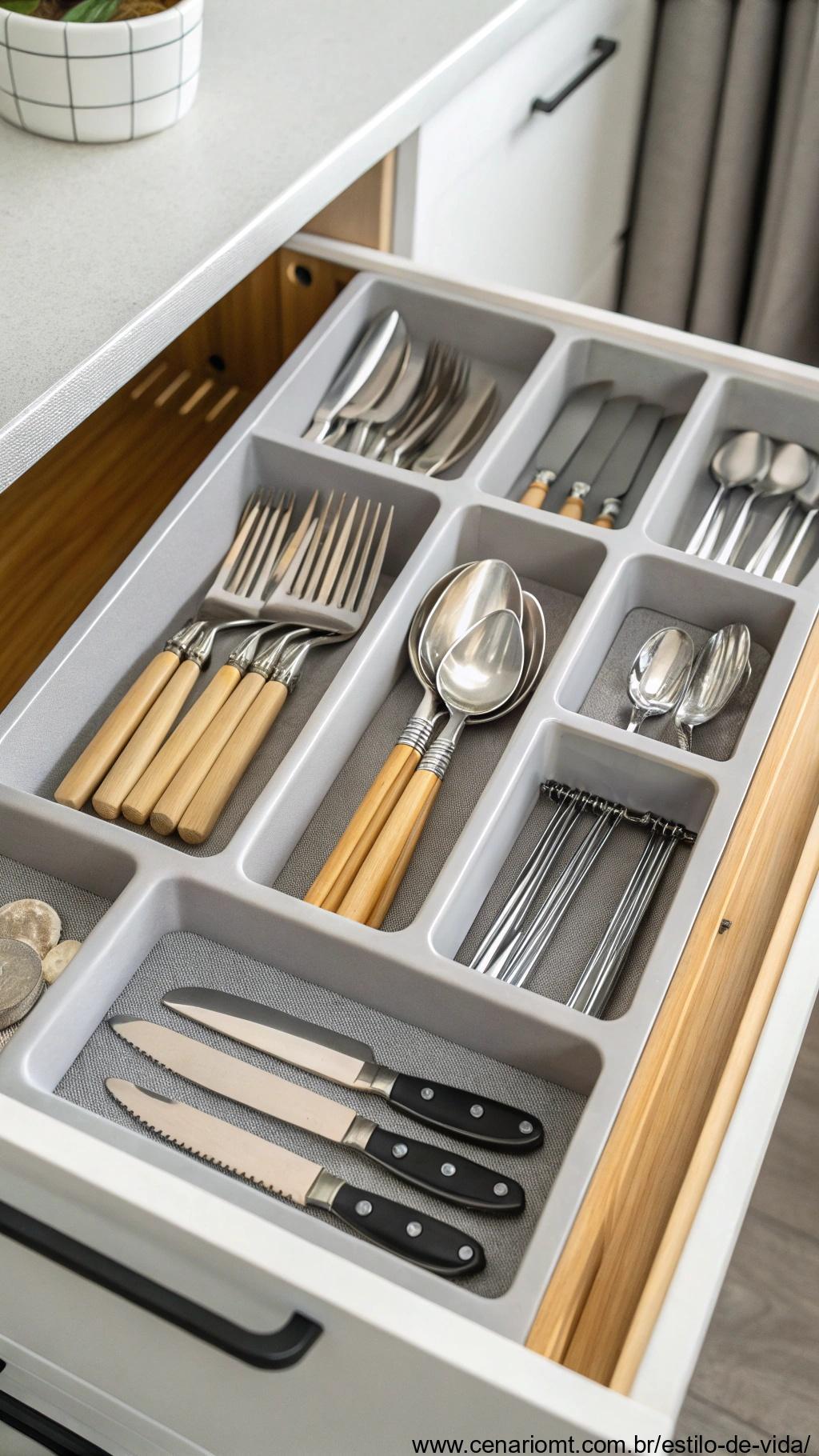um organizador de gaveta com compartimentos para utensílios e ferramentas de cozinha, destacando a organização e eficiência do espaço