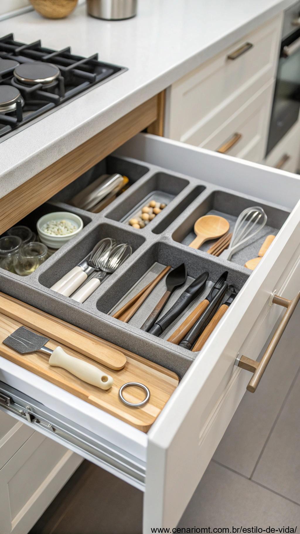 Gaveta de cozinha com divisórias ajustáveis, organizando utensílios e ferramentas