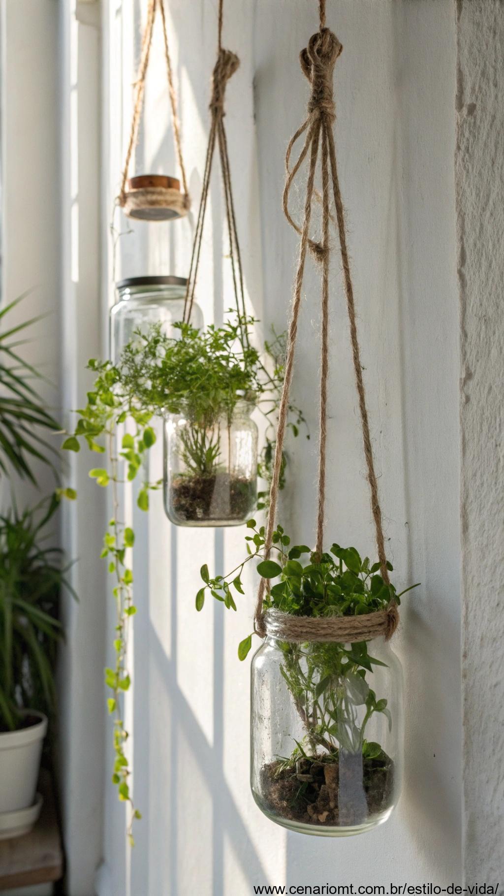 Frascos de vidro transformados em vasos suspensos com pequenas plantas verdes, pendurados por cordas em uma parede branca com luz solar suave