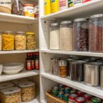 Uma despensa bem organizada com alimentos não perecíveis.
