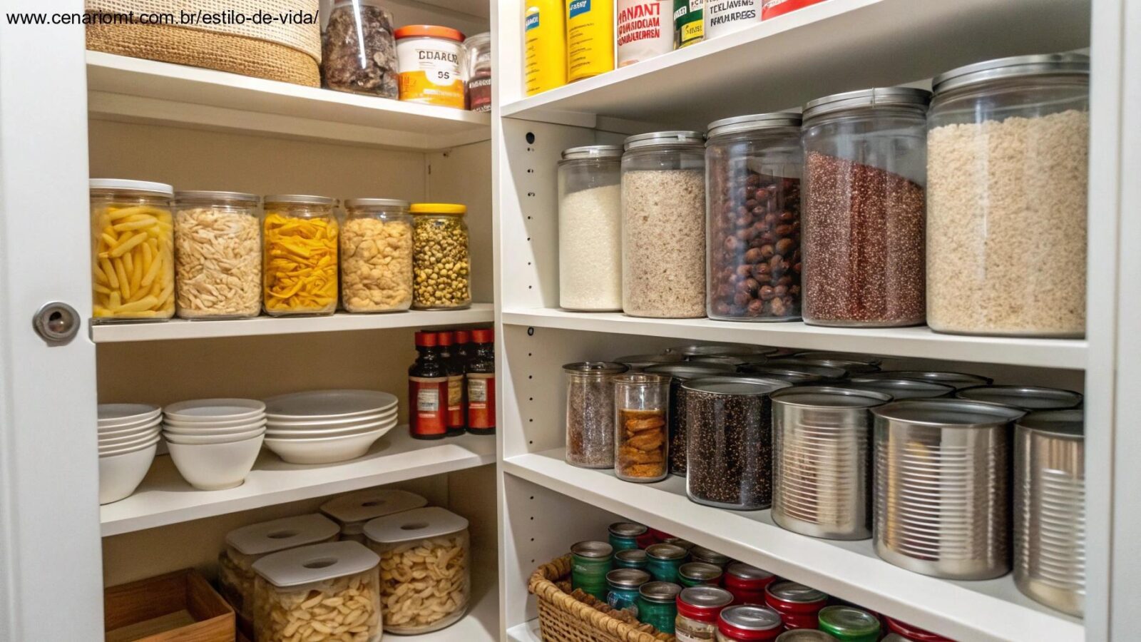 Uma despensa bem organizada com alimentos não perecíveis.