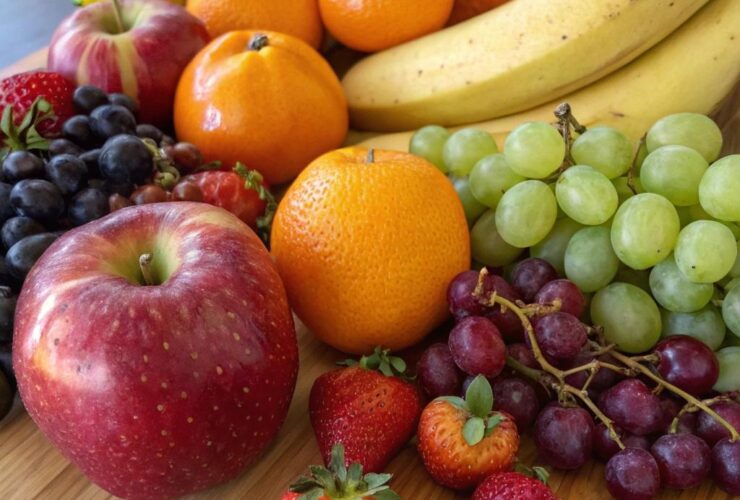 Variedade vibrante de frutas frescas como maçãs, laranjas, bananas, morangos e uvas em uma mesa de madeira.