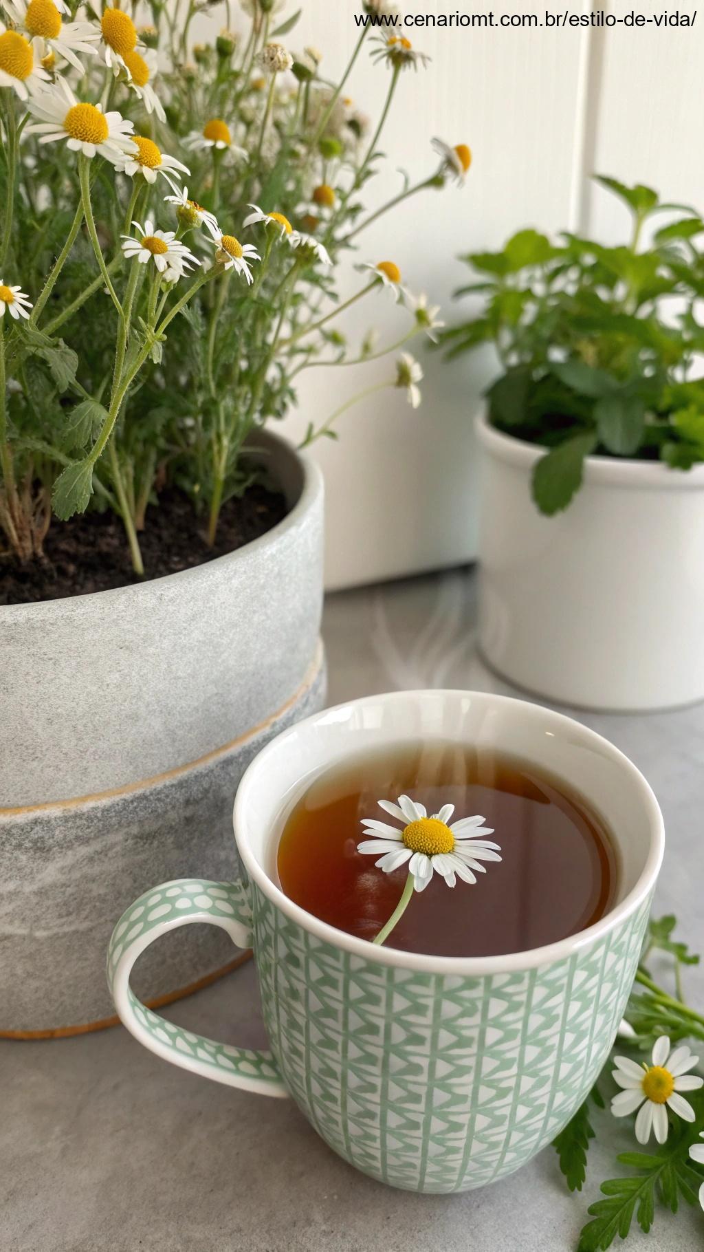 Xícara de chá de camomila ao lado de uma planta em vaso