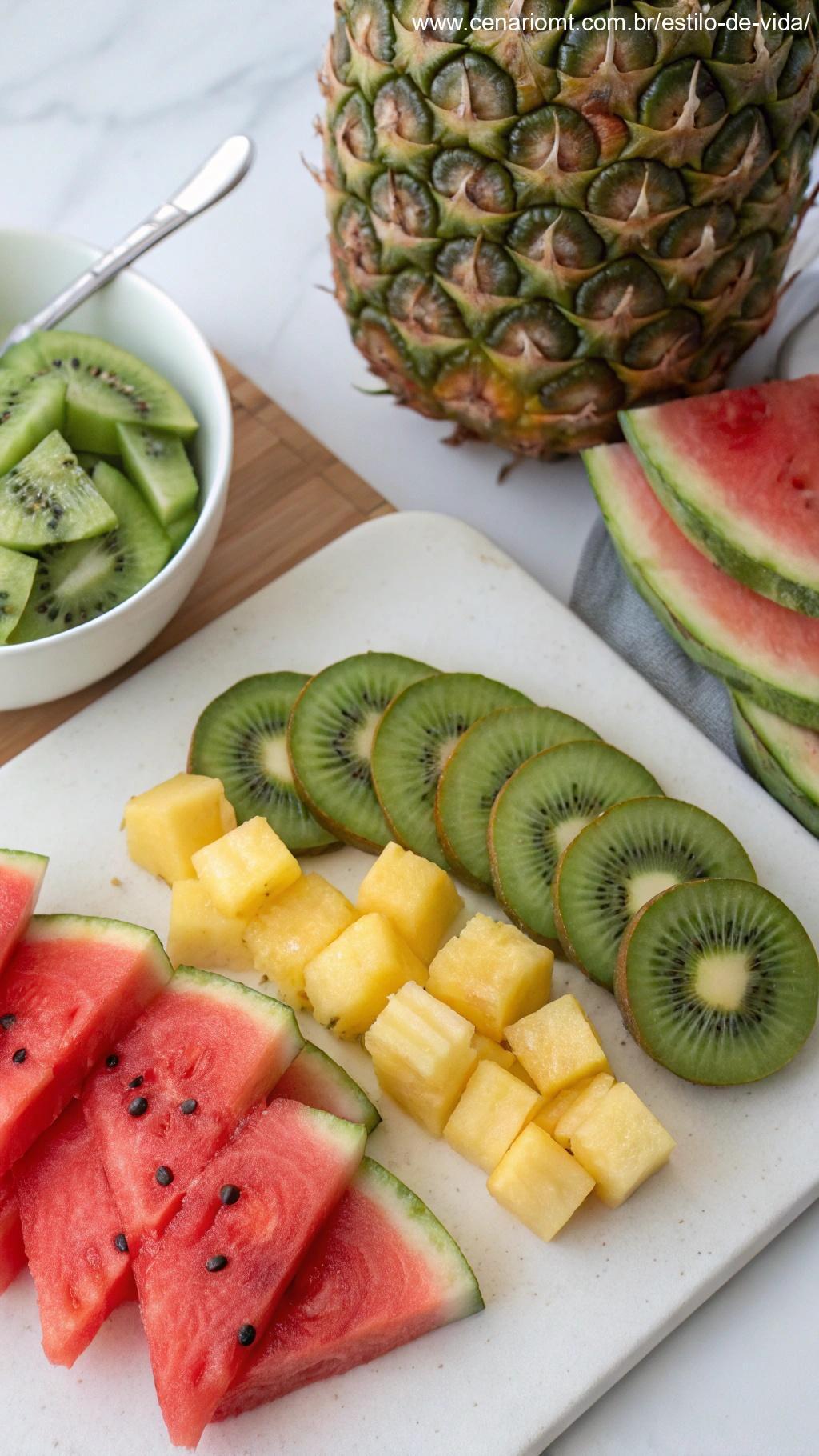 Fatias de kiwi, melancia e abacaxi sobre uma superfície branca.
