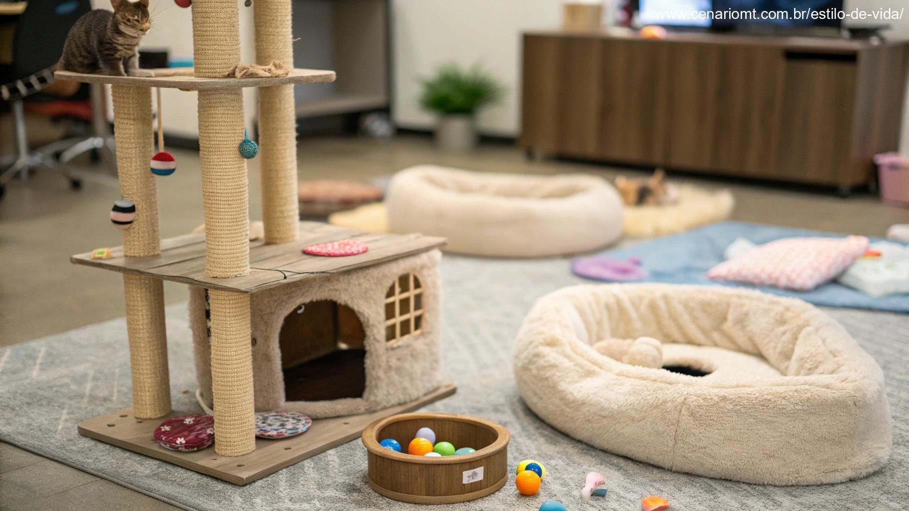 Ambiente interativo com arranhadores e brinquedos para gatos.