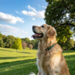 Um golden retriever feliz e saudável sentado em um parque bonito, representando dicas essenciais para cuidar do seu cachorro.