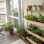 uma varanda moderna e minimalista com plantas de temperos e hortaliças em vasos organizados em prateleiras de madeira