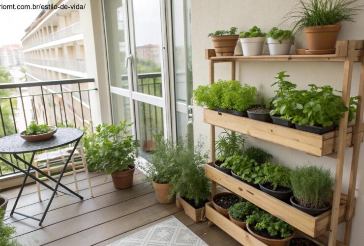 uma varanda moderna e minimalista com plantas de temperos e hortaliças em vasos organizados em prateleiras de madeira