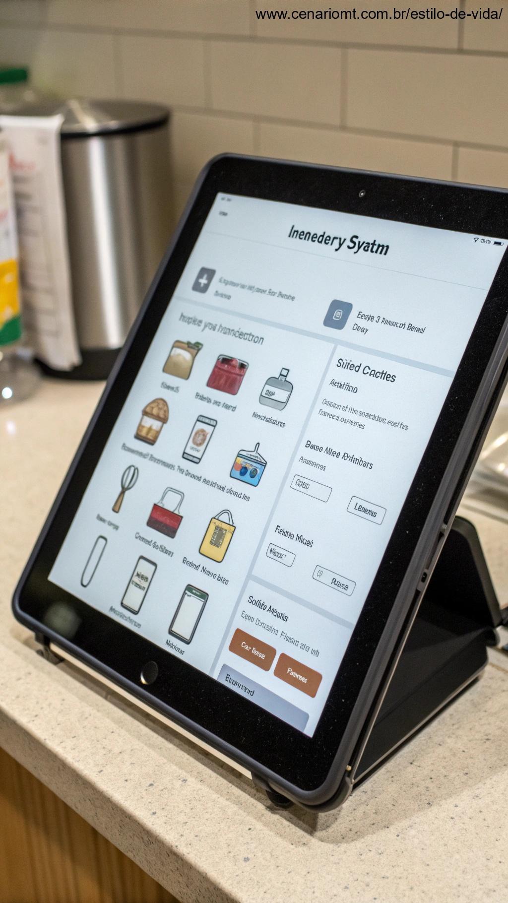 Sistema de inventário digital em um tablet, mostrando uma lista de itens da cozinha e suas localizações