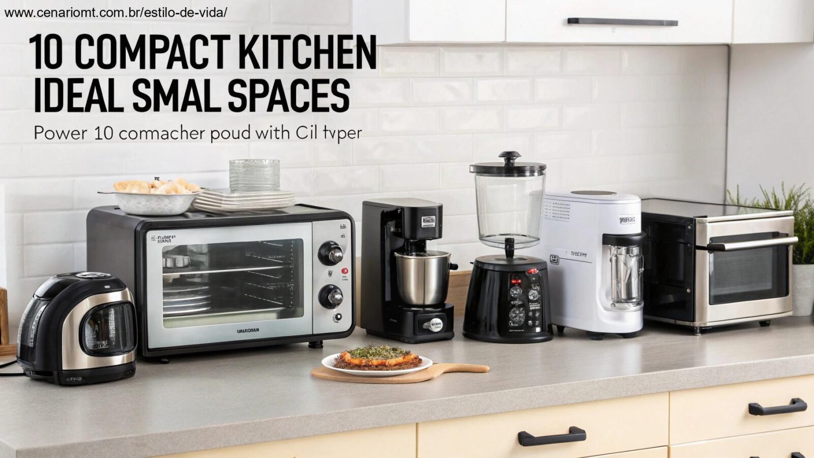 Conjunto de 10 eletrodomésticos compactos para cozinhas pequenas, destacando sua funcionalidade e design econômico de espaço.