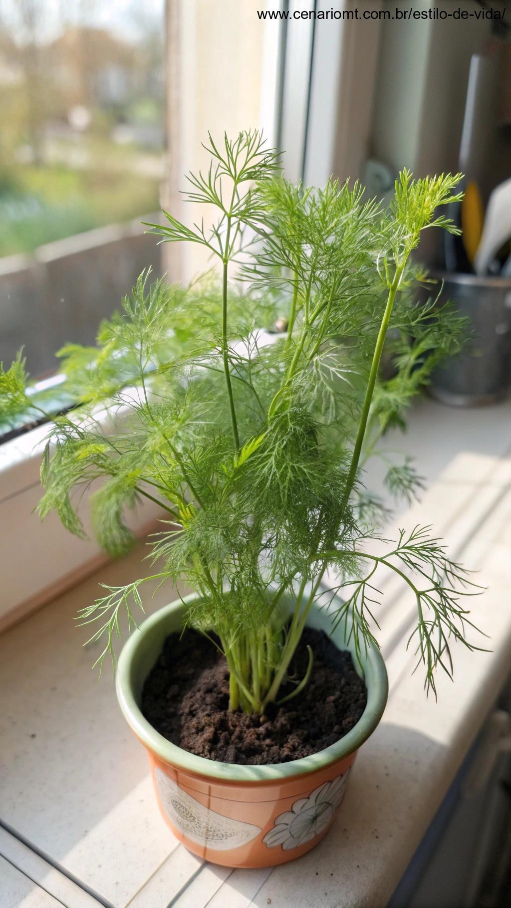 Planta de endro com folhas finas e verdes, em um vaso pequeno.