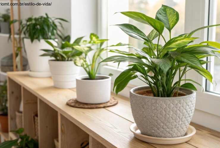 diversas plantas de interior em vasos, com destaque para uma planta saudável sendo cuidada em um ambiente bem iluminado