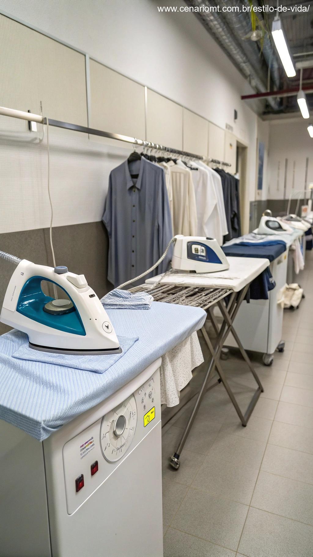 Estações de passar roupa automatizadas em uma lavanderia, modernas e práticas