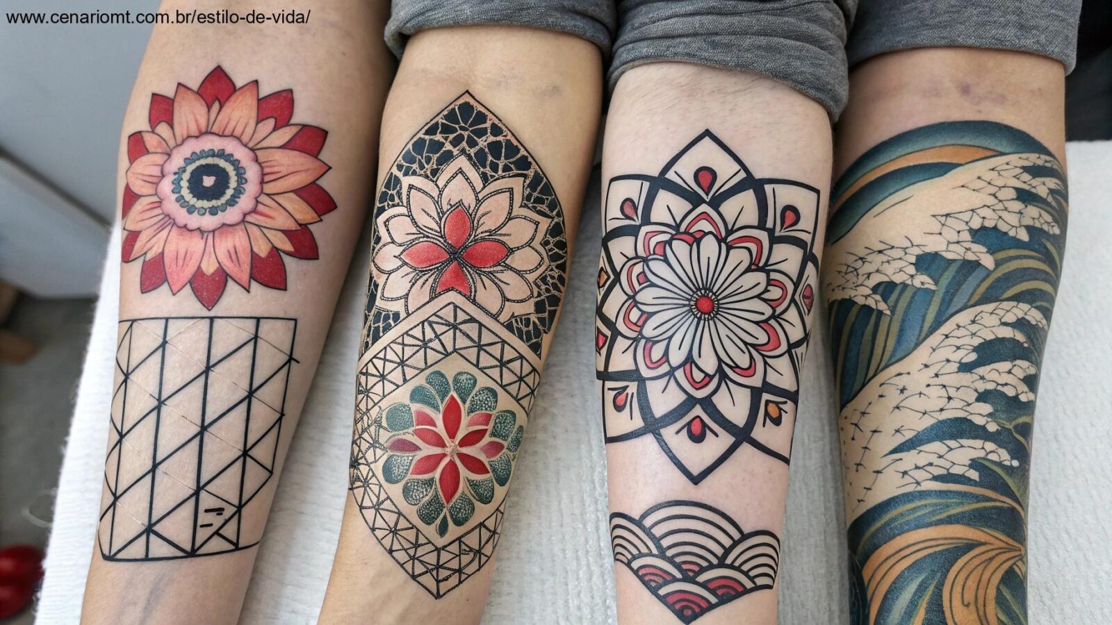 Uma coleção de dez estilos diferentes de tatuagens representados artisticamente, incluindo Tradicional, Realista, Minimalista, Aquarela, Geométrica, Tribal, Japonesa, Neo Tradicional, Blackwork e Ponto a Ponto