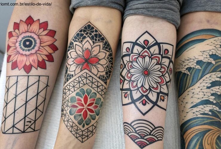Uma coleção de dez estilos diferentes de tatuagens representados artisticamente, incluindo Tradicional, Realista, Minimalista, Aquarela, Geométrica, Tribal, Japonesa, Neo Tradicional, Blackwork e Ponto a Ponto