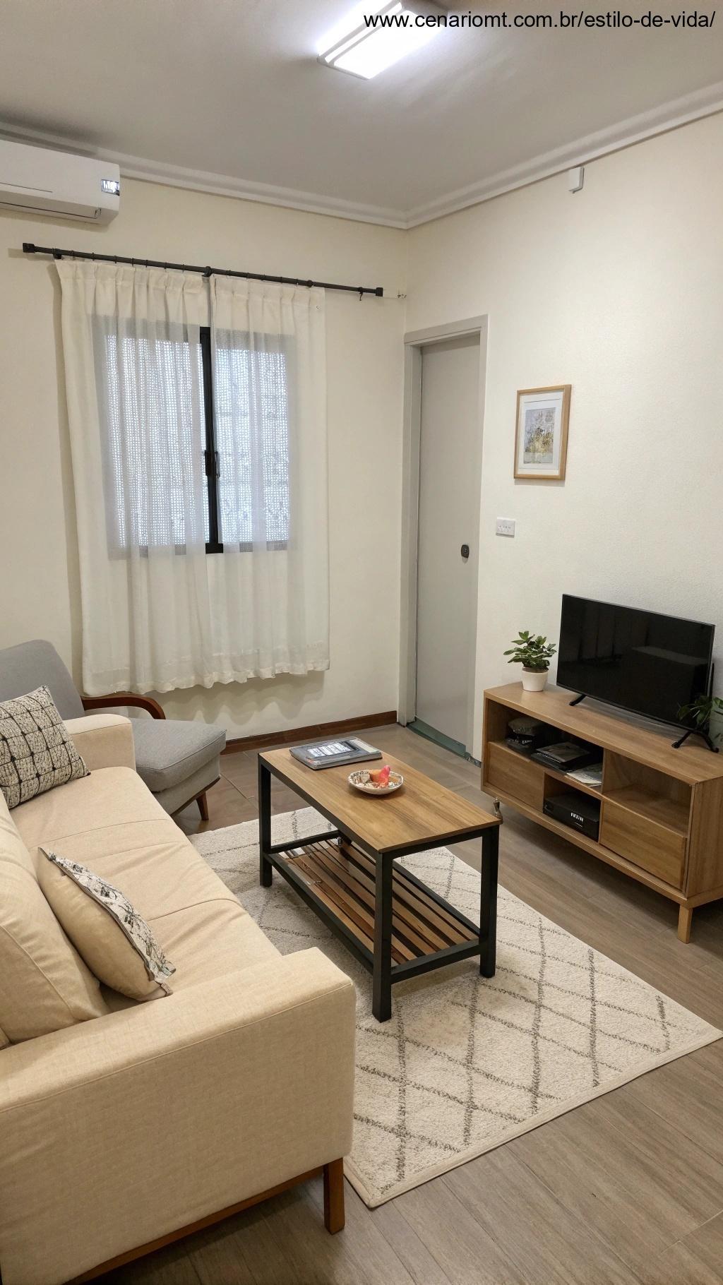uma sala de estar pequena com decoração minimalista, focando na funcionalidade e simplicidade