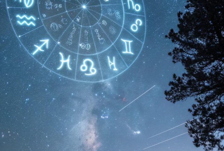 Cena cósmica mística com os doze signos do zodíaco brilhando no céu noturno