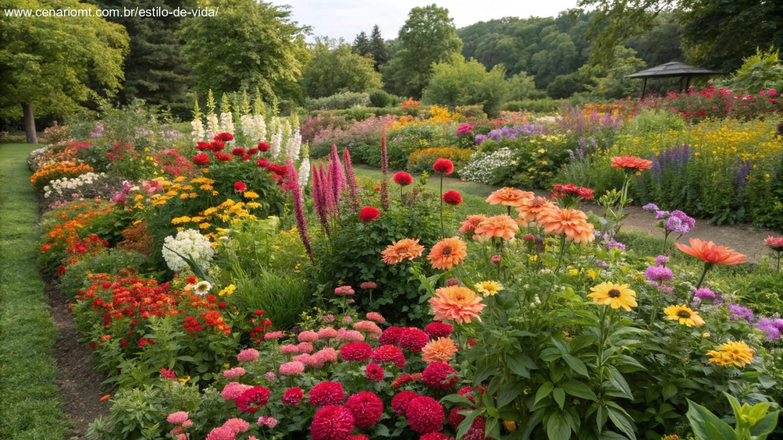 Jardim vibrante com 10 tipos de flores que florescem o ano todo, garantindo um jardim colorido e cheio de vida em todas as estações.