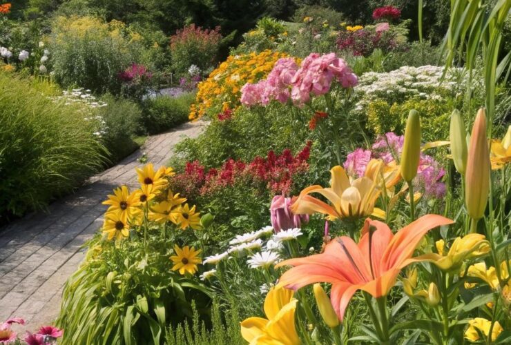 um jardim vibrante com flores coloridas sob a luz do sol, incluindo vários tipos de flores como margaridas, petúnias e lírios, com vegetação ao redor