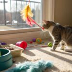 ambiente acolhedor e divertido para gatos com brinquedos variados e um local ensolarado para descanso