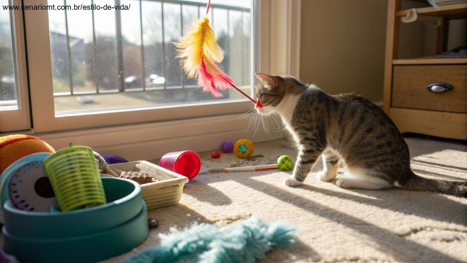 ambiente acolhedor e divertido para gatos com brinquedos variados e um local ensolarado para descanso