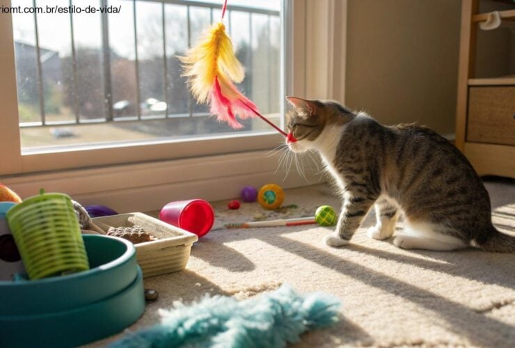 ambiente acolhedor e divertido para gatos com brinquedos variados e um local ensolarado para descanso