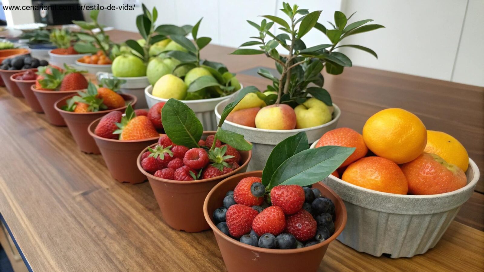 Seleção de 10 frutas diferentes dispostas em pequenos vasos sobre uma mesa de madeira, mostrando frutas fáceis de cultivar para pequenos espaços ou interiores, com cores vibrantes e folhas frescas.
