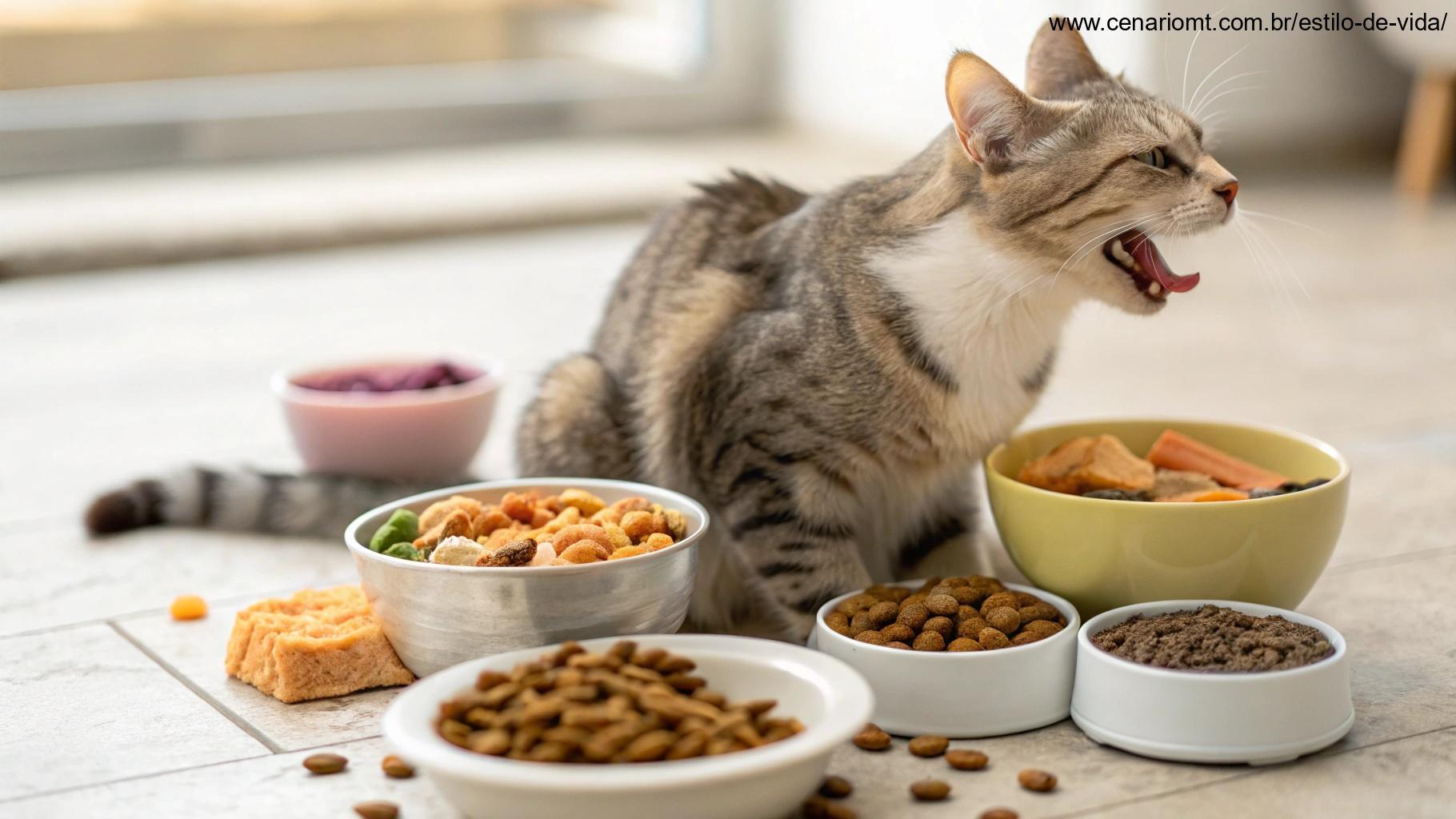 Gato desfrutando de alimentos variados, desafiando o mito da ração única.