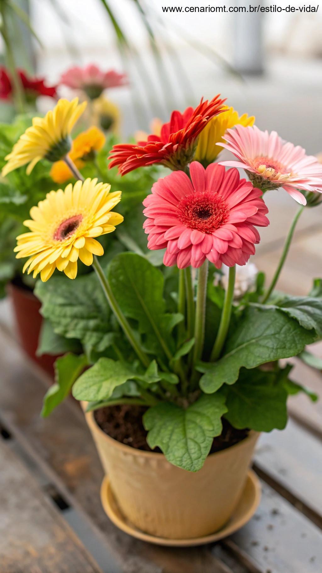 Imagem de uma planta Gerbera com flores coloridas em tons de amarelo, rosa e vermelho.
