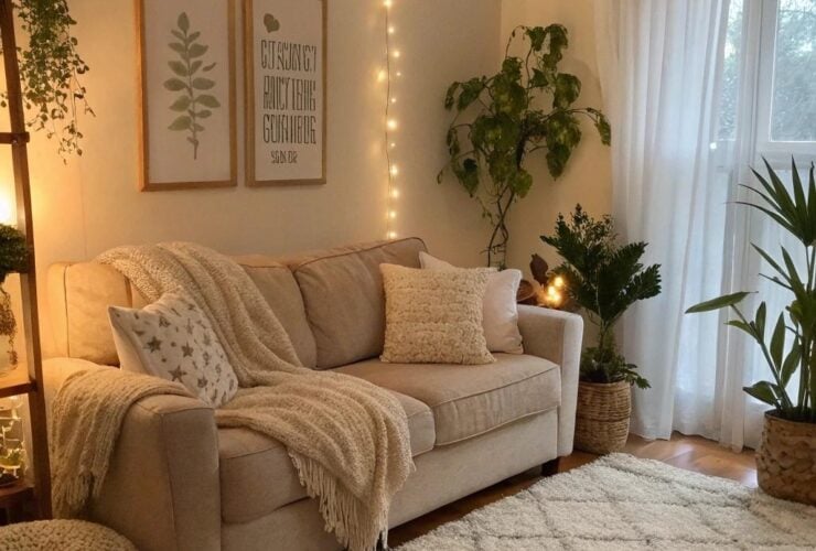 sala de estar aconchegante com iluminação suave, cores neutras e plantas